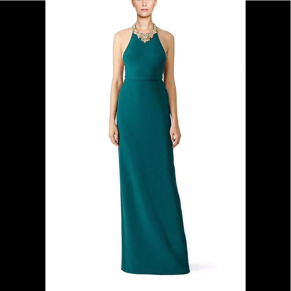 Marchesa Notte Forest Green Beaded Crepe Halter